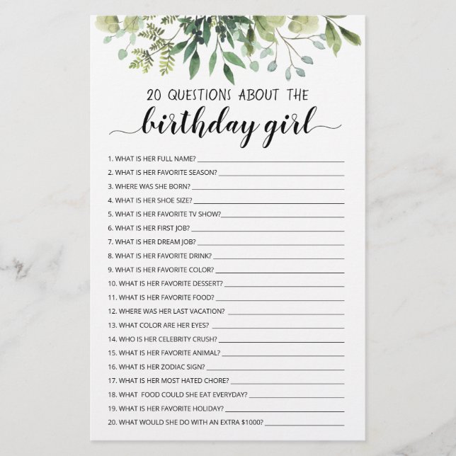 Lámina 20 Preguntas Sobre El Juego Editable Chica De Cump (Anverso)