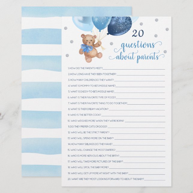 Lámina 20 preguntas sobre padres Baby Shower Teddy Bear (Anverso / Reverso)