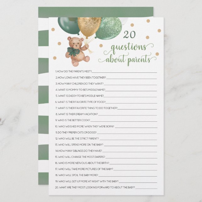 Lámina 20 preguntas sobre padres Baby Shower Teddy Bear (Anverso / Reverso)