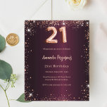 Lámina 21.ª invitación al oro de burgundy rosa de cumplea<br><div class="desc">Por un elegante cumpleaños 21. Color de fondo de degradado burdeos. Decorada con polvo de imitación de oro rosa. Personalice y agregue un nombre y detalles del fiesta. El nombre se escribe con un guión de estilo con letras a mano. 1 hoja = 1 borde impreso de invitación al borde....</div>