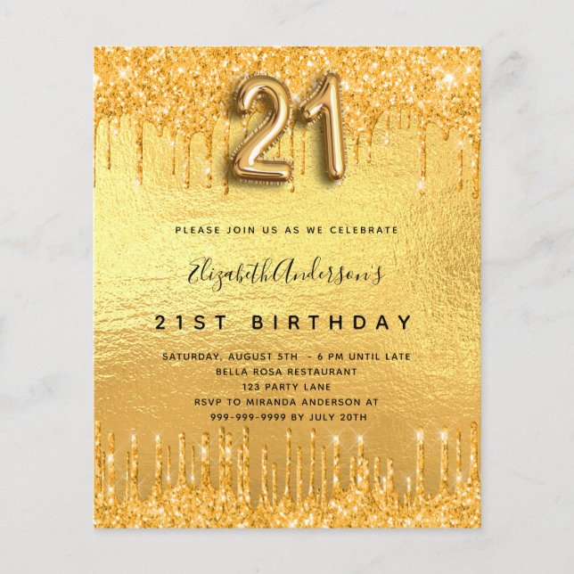 Lámina 21 cumpleaños fiesta invitación purpurina de oro (Anverso)