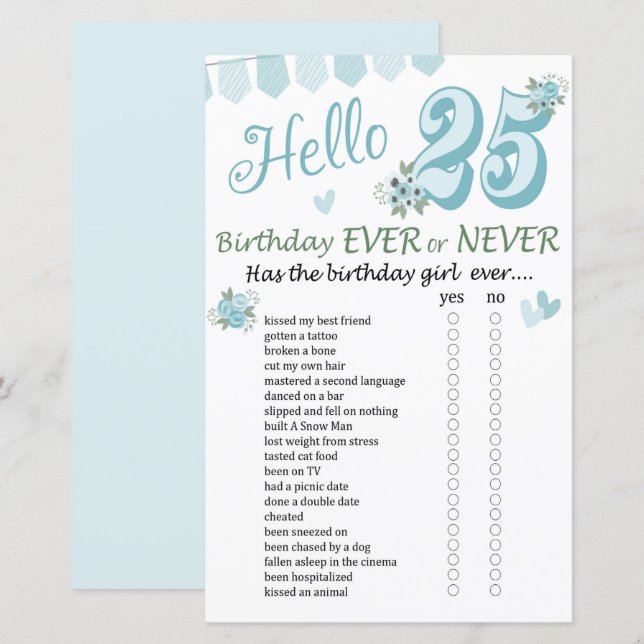 Lámina 25.º cumpleaños o nunca juego (Anverso / Reverso)