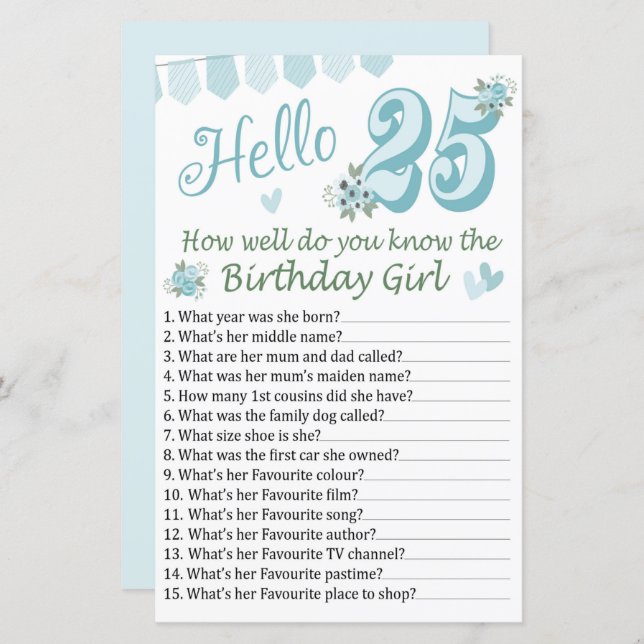 Lámina 25.º ¿Qué tan bien conoce al chica de cumpleaños? (Anverso / Reverso)