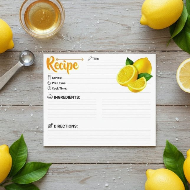 Lámina 2 Sided Blank - Modern Lemon Recipe Card (printable recipe card template)