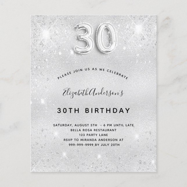 Lámina 30.ª invitación purpurina de plata por cumpleaños (Anverso)