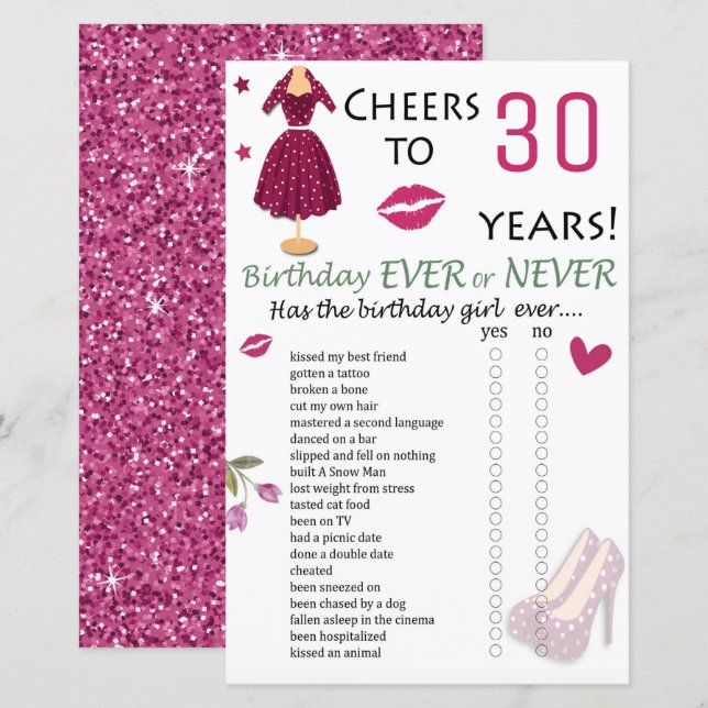 Lámina 30.º cumpleaños o nunca juego (Anverso / Reverso)