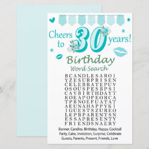 Lámina 30.º juego de búsqueda de palabras de cumpleaños