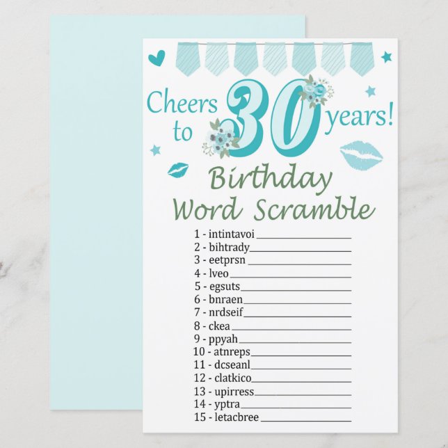 Lámina 30.º juego de palabras de cumpleaños (Anverso / Reverso)