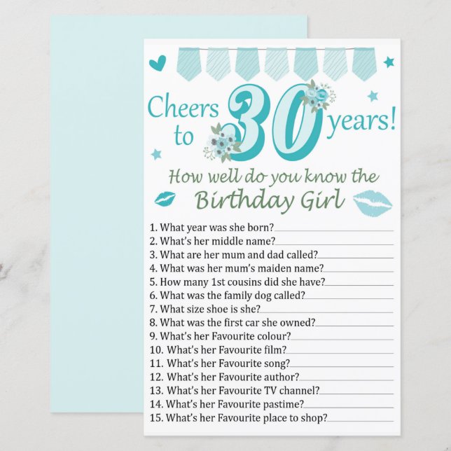 Lámina 30 º ¿Qué tan bien conoce al chica de cumpleaños? (Anverso / Reverso)