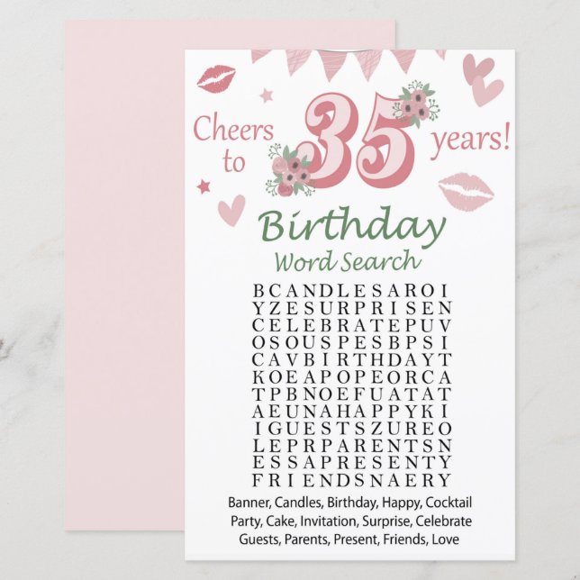 Lámina 35.º juego de búsqueda de palabras de cumpleaños (Anverso / Reverso)