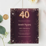 Lámina 40.ª invitación de oro a los rosas burdeos de cump<br><div class="desc">Por un elegante cumpleaños 40. Color de fondo de degradado burdeos. Decorado con rosa de oro falso polvo purpurina. Personalice y agregue un nombre y detalles del fiesta. El nombre se escribe con un guión de estilo con letras a mano. 1 hoja = 1 borde impreso de invitación al borde....</div>