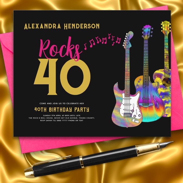 Lámina 40.º Fiesta de cumpleaños roza presupuesto 40 (Rock and roll pink black and gold 40th birthday party budget invitation )