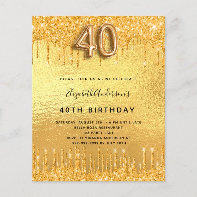 Lámina 40.º purpurina de oro de cumpleaños gotea la invit (Anverso)