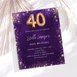 Lámina 40.º rosa morado de cumpleaños<br><div class="desc">Celebra un cumpleaños especial por 40 con esta impresionante invitación, perfecta para un fiesta elegante. El fondo morado profundo presenta una hermosa textura desigual, acentuada por el oro rosa y el purpurina de imitación dorado para un toque de brillo. El nombre está escrito en un guión delicado y con letras...</div>