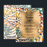 Lámina 50.ª invitación a la impresión de animales<br><div class="desc">Pequeñas y elegantes invitaciones para fiestas de cumpleaños de 4.5" x 5.6" presentan un colorido y colorido patrón de impresión animal salvaje de moda, con Relieve metalizado de imitación de oro y detalles de tu fiesta de cumpleaños en letras de moda. Perfecto para una fiesta de cumpleaños número 50 o...</div>