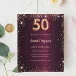 Lámina 50.ª invitación de oro a los rosas burdeos de cump<br><div class="desc">Por un elegante cumpleaños número 50. Color de fondo de degradado burdeos. Decorada con polvo de imitación de oro rosa. Personalice y agregue un nombre y detalles del fiesta. El nombre se escribe con un guión de estilo con letras a mano. 1 hoja = 1 borde impreso de invitación al...</div>