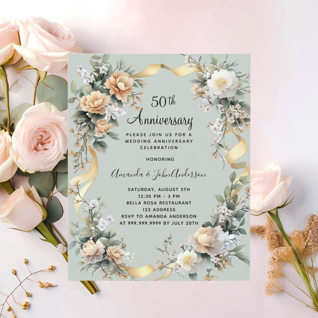 Lámina 50.º aniversario boda florals invitación al oro (Subido por el creador)