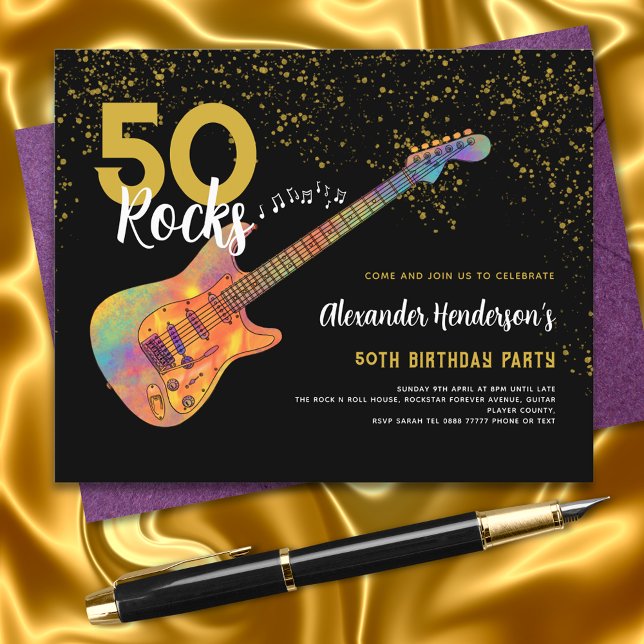 Lámina 50.º Partido de Cumpleaños 50 Rocks Gold Purpurina (Rock and Roll 50th birthday party black and gold glitter budget invitation funky electric guitar)