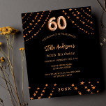 Lámina 60.ª invitación al presupuesto de oro para rosa ne<br><div class="desc">Para una elegante fiesta de cumpleaños número 60. Un fondo negro. Decorado con estrellas de oro rosa. Personalice y añada un nombre, detalles del fiesta, año de nacimiento. El nombre se escribe con un guión de estilo con letras a mano. 1 hoja = 1 borde impreso de invitación al borde....</div>