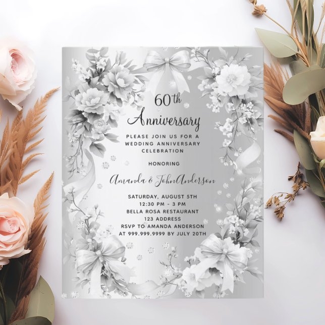 Lámina 60.º aniversario boda invitación floral plateada (Subido por el creador)