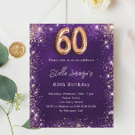 Lámina 60.º rosa morado de cumpleaños<br><div class="desc">Celebra un cumpleaños especial de 60 con esta impresionante invitación, perfecta para un fiesta elegante. El fondo morado profundo presenta una hermosa textura desigual, acentuada por el oro rosa y el purpurina de imitación dorado para un toque de brillo. El nombre está escrito en un guión delicado y con letras...</div>