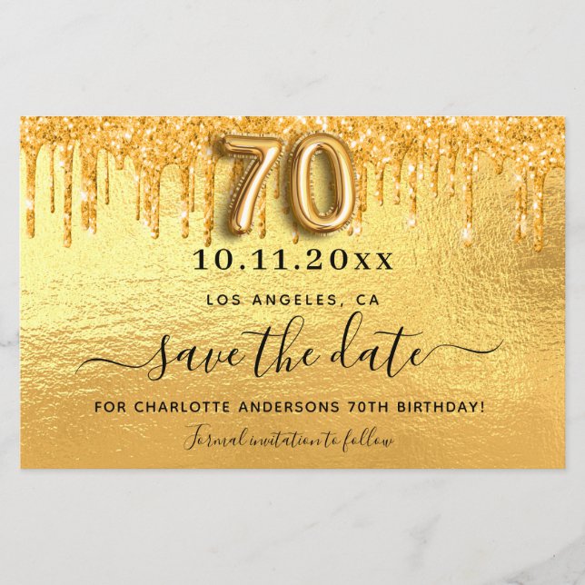 Lámina 70.º purpurina de oro de cumpleaños guardar la tar (Anverso)