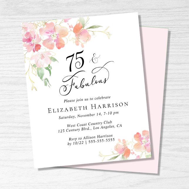 Lámina 75.ª fiesta de cumpleaños Invitación floral rosa (Subido por el creador)