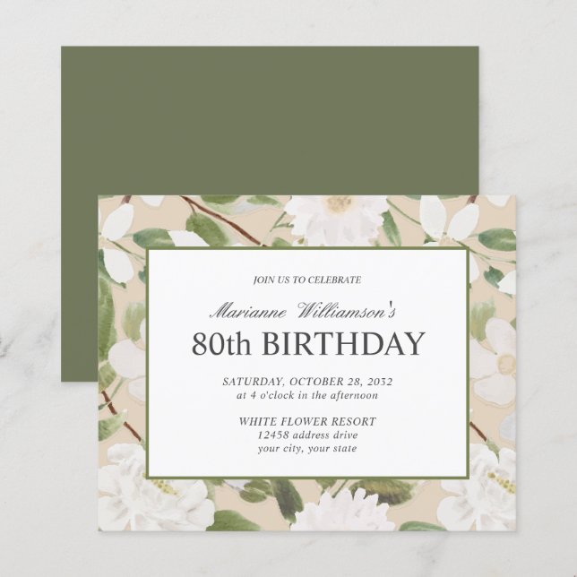 Lámina 80.º cumpleaños Flores Blancas Femeninas Marfil (Anverso / Reverso)
