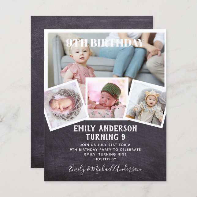 Lámina 9.º Collage de fotos De Cumpleaños Invitar A Un Ni (Anverso / Reverso)