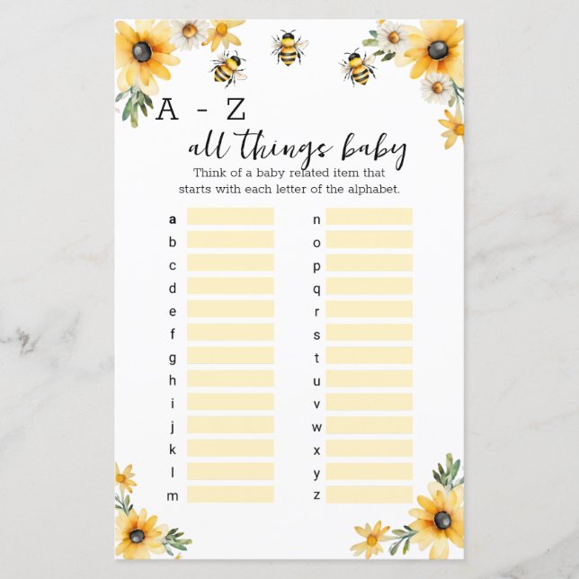 Lámina A-Z todas las cosas juego de ducha bebé (Anverso)