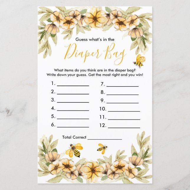 Lámina Abeja bebé adivina qué hay en la bolsa de pañales (Anverso)