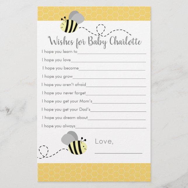 Lámina Abeja Bumble Gris y Amarilla Desea para Bebé (Anverso)