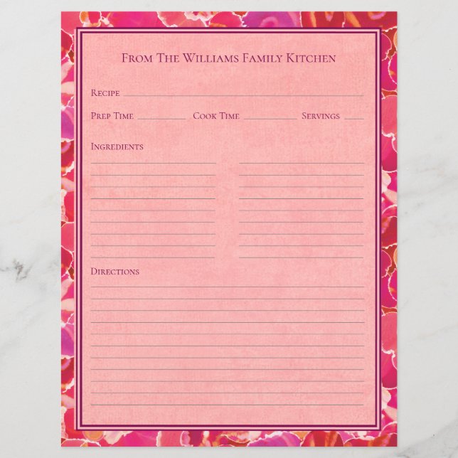 Lámina Abstract Watercolor Red Pink Recipe Paper Sheet (Anverso)