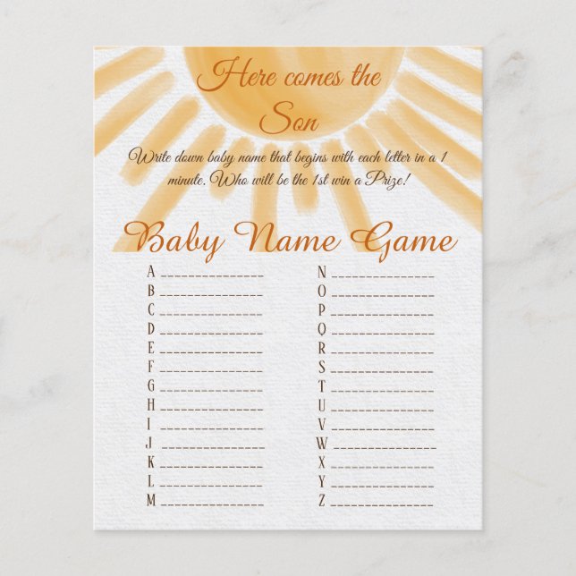 Lámina Acá Ven Sunshine Baby Shower Baby Name Race Game (Anverso)