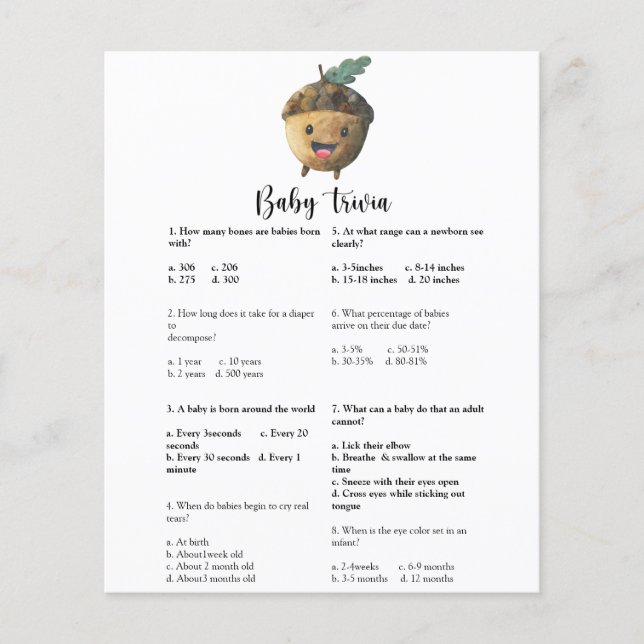 Lámina Acorn - Baby Trivia | Juego Baby Shower (Anverso)