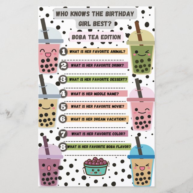Lámina Actividad de juego de fiesta de cumpleaños de Boba (Anverso)