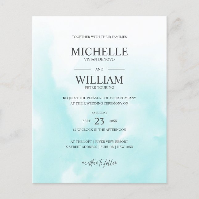 Lámina Acuarela Aqua Plain Elegante Boda de Presupuesto (Anverso)