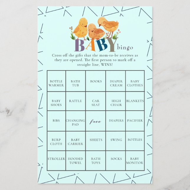 Lámina Acuarela Cute Pequeño Pollo Bingo Baby Shower (Anverso)