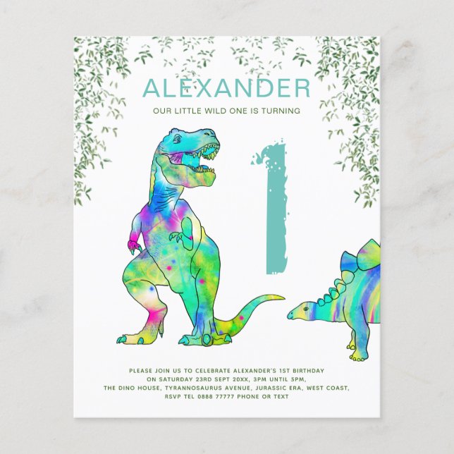 Lámina acuarela de dinosaurio Fiesta de primer cumpleaños (Anverso)