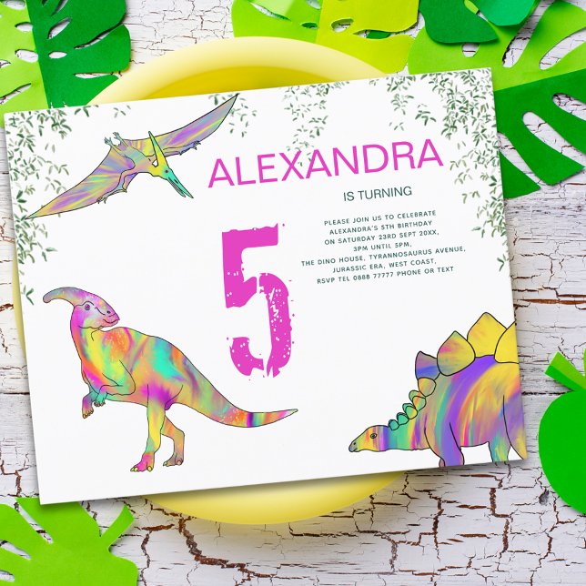 Lámina Acuarela de dinosaurios 5º cumpleaños Partido pres (Colorful dinosaurs pink 5th birthday budget invitation)