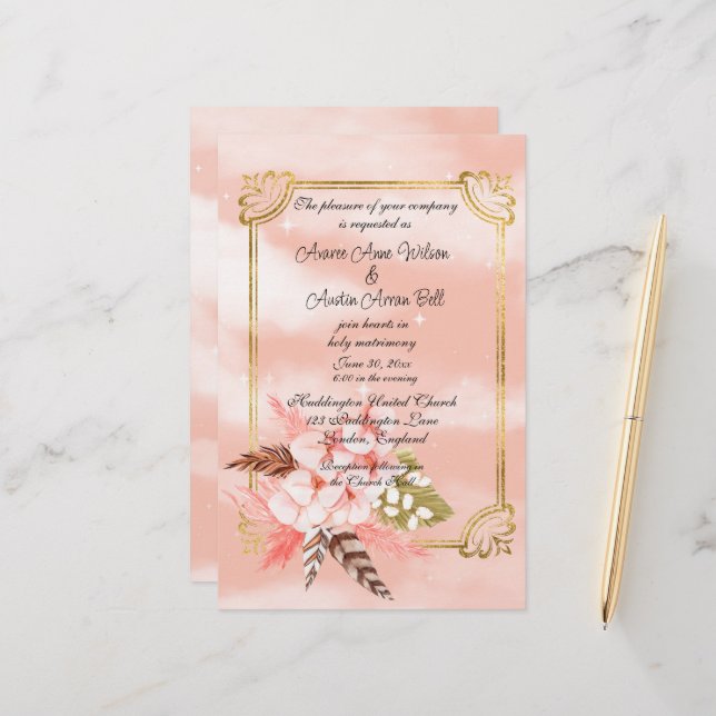 Lámina Acuarela de hierba de Pampas rosa y dorado (Anverso/Reverso In Situ)