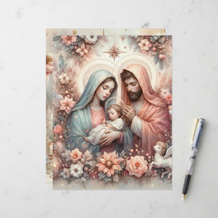 Lámina Acuarela Floral Bebé Jesús Papel de cuadernillo