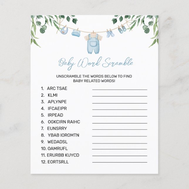 Lámina Acuarela Lavandería Blue Word Scramble Game (Anverso)