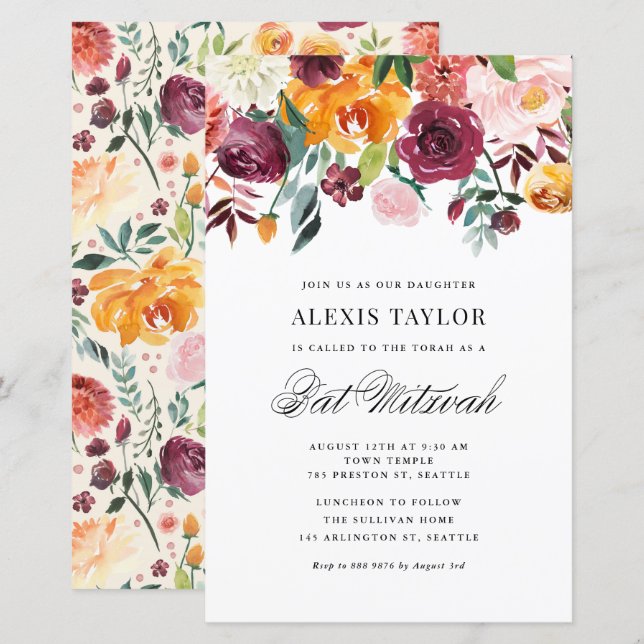 Lámina Acuarela Otoño Blooms Bat Mitzvah Invitación (Anverso / Reverso)