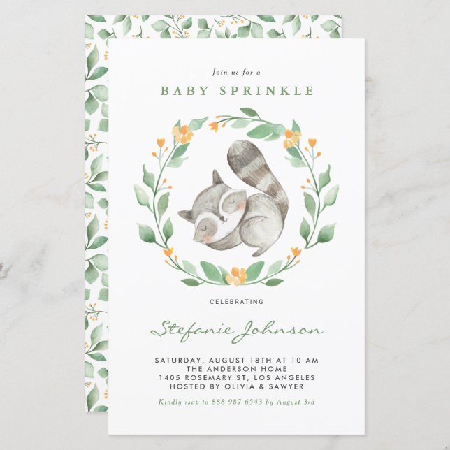 Lámina Acuarela Raccoon Green Baby Sprinkle Invite (Anverso / Reverso)