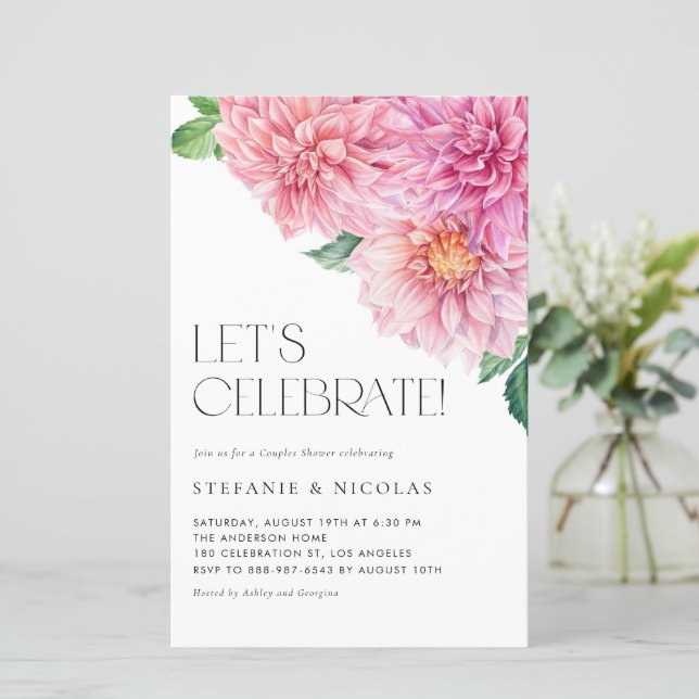 Lámina Acuarela Rosa Dahlia Parejas Ducha Invitación (Anverso de pie)