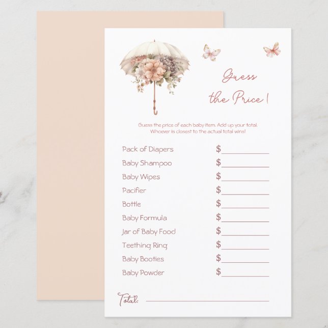 Lámina Adivagación de precios de Baby Shower rosa de para (Anverso / Reverso)
