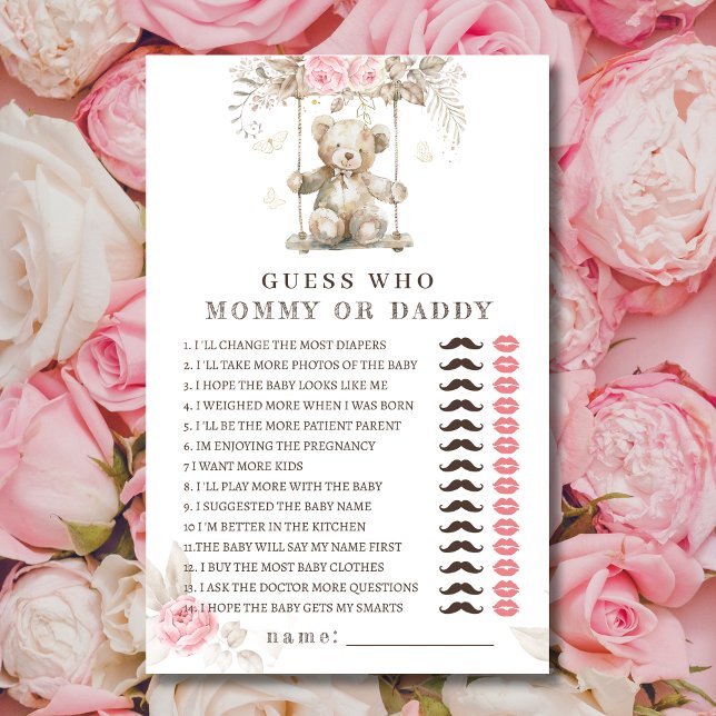 Lámina Adivina de Baby Shower con flores rosas de oso qui (Subido por el creador)