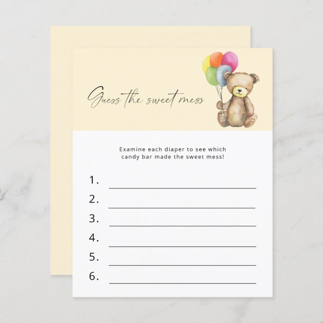 Lámina Adivina el juego de Baby Shower Sweet Mess - Oso (Anverso / Reverso)