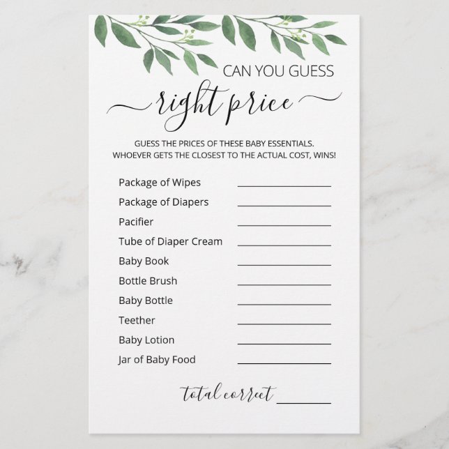 Lámina Adivina el juego de precio correcto de Baby Shower (Anverso)